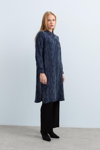 Nihan Yakası Deri Viskon Tunik Lacivert