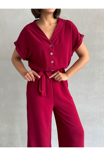 BEJNA Women's Cherry Color Button Detailed Belted Jumpsuit