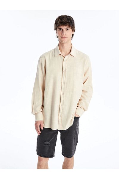 LC Waikiki Ανδρικό πουκάμισο XSIDE Μπεζ Regular Fit μακρυμάνικο ποπλίνα