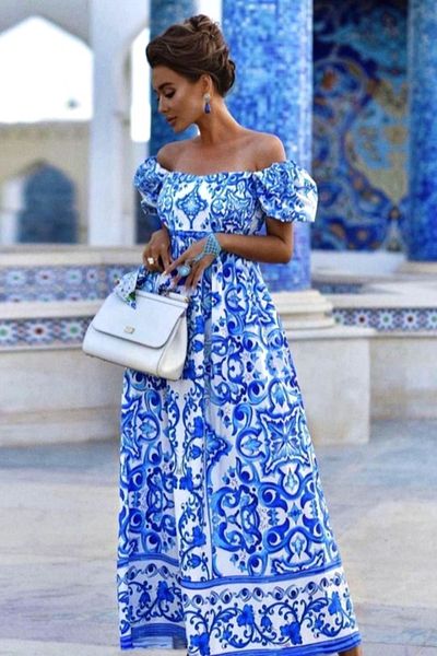FashionForYou Rochie lungă de zi TORA, cu umerii goi și mâneci bufante, Albastră