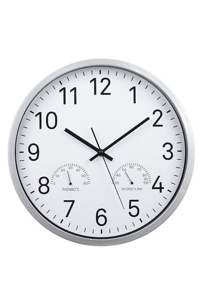 OEM Wall Clock with Weather Station, Silver, Diameter 34cm, Glass and Plastic