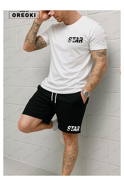 EFFRENATU Star Printed Cotton Fabric Men's White T-Shirt-Black Shorts Set
