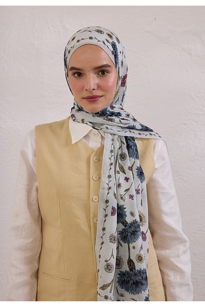 Fresh Blooming Dahlia Pattern Ramie Shal Soft Blue