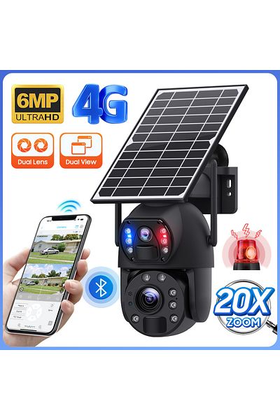 NEOSOR Surveillance Camera with Solar Panel, 4G, 3+3MP UHD, 20x, Nightvision Color, Alarm, Motion Sensor