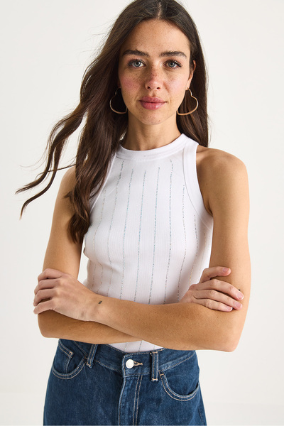 Bianco Lucci Women's Diamond Striped Basic Crop Blouse 60602063