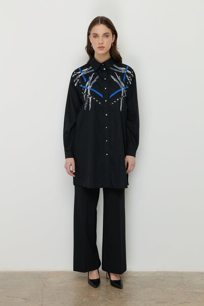 Nihan Omuzları İşlemeli Poplin Pamuk Tunik Siyah