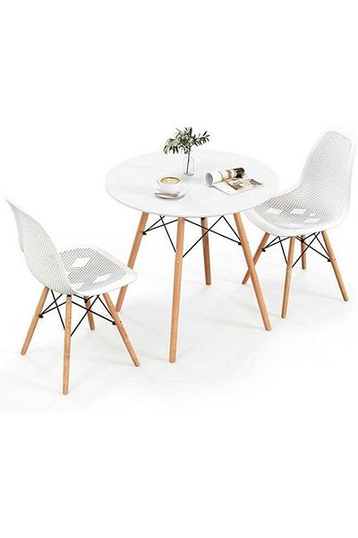 Taimi 3-Piece Dining Set Compact Mid-Century Modern White Table 80x80x72cm And 2-Chairs Set for Home White