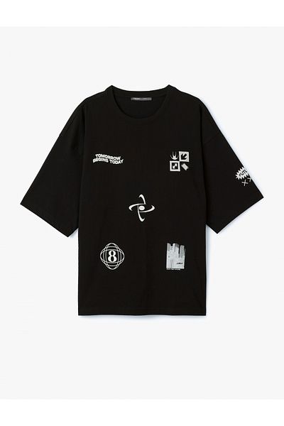 Koton Short Sleeve Crew Neck Cotton Buckle Fabric Printed Back Oversize T-Shirt