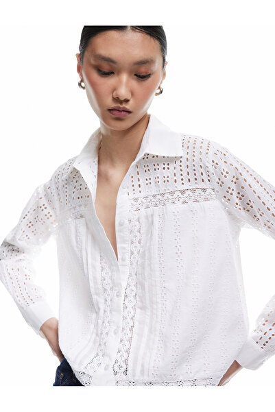 Koton Uzun Kollu Klasik Yaka Pamuklu Fistolu Brodeli Gömlek