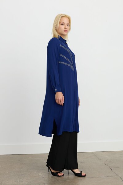 Nihan Önü Taşlı Düz Kesim Uzun Tunik Lacivert