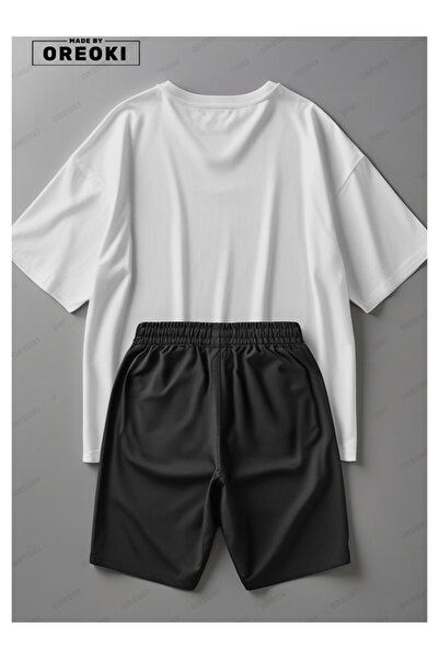 EFFRENATU Star Printed Cotton Fabric Men's White T-Shirt-Black Shorts Set