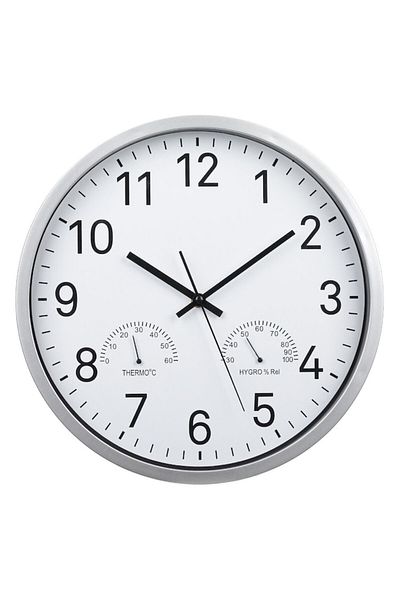 OEM Wall Clock with Weather Station, Silver, Diameter 34cm, Glass and Plastic