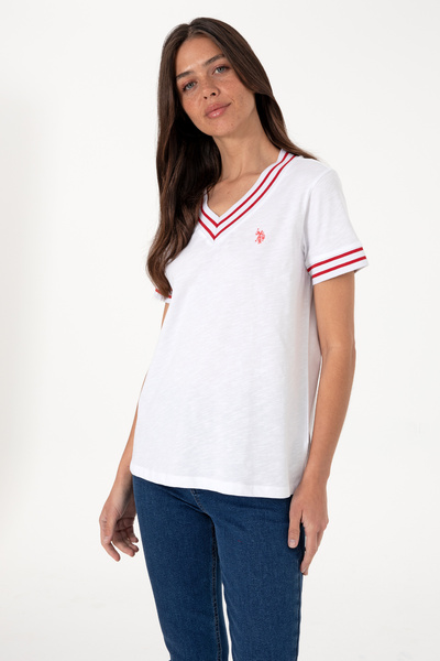 U.S. Polo Assn. تي شيرت أبيض برقبة على شكل حرف V للسيدات 50305770-VR013