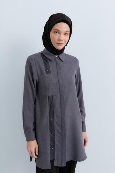 Nihan Deri Detaylı Gömlek Yaka Tunik Gri
