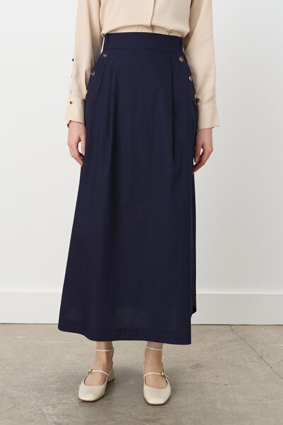 Nihan Düğme Detaylı Poplin Pamuk Etek Lacivert