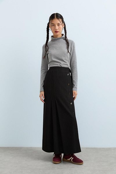 Nihan Black Skirt - Pleated and Button Detail