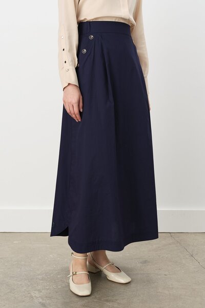 Nihan Düğme Detaylı Poplin Pamuk Etek Lacivert