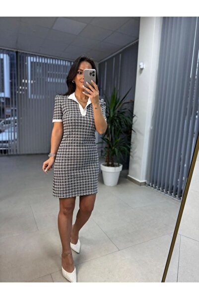 SHUGAA kadın polo yaka kısa kol jakarli elbise