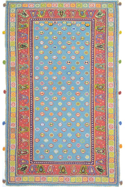 Handmade İran Zolanvari El Dokuma Kırmızı ve Mavi Yün Sumak Kilim 146x186 cm ...