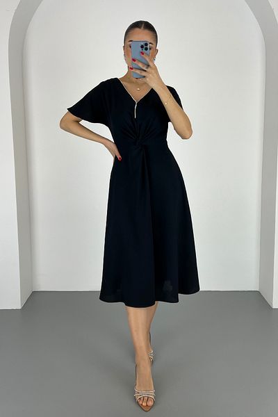 Lafaba Women's Black V-Neck Stone Detailed Midi Dress