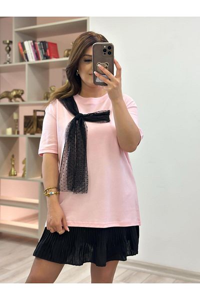 MELTEM TUĞAN Tulle Bow Detailed Tshirt Pudra