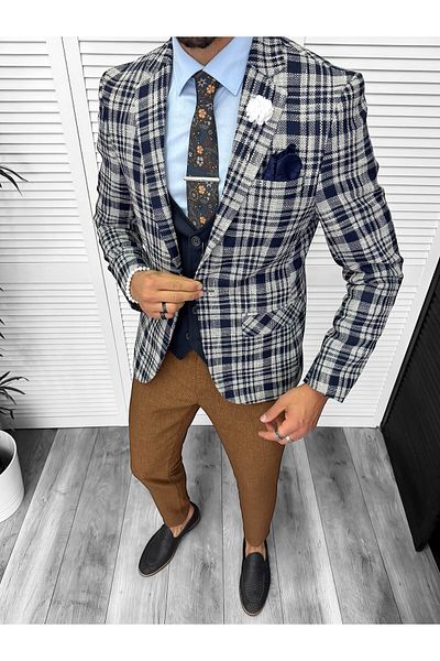 dehaine Sacou pentru barbati, slim fit, in carouri, 13197, albastru