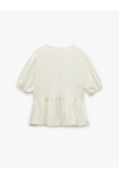 Koton Textured Short Balloon Sleeve Bow Front Lace up Blouse