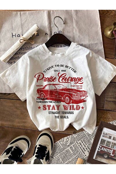 ELNOYA تي شيرت كاجوال مريح مطبوع عليه "Stay Wild Car" من القطن الأبيض للجنسين