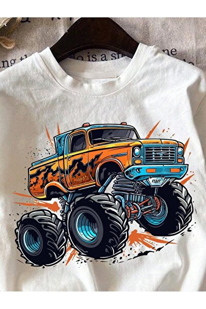 ELNOYA تي شيرت كاجوال مريح مطبوع عليه "Monster Pickup Truck" من القطن الأبيض ...