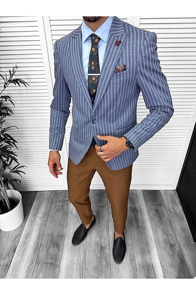 dehaine Sacou pentru barbati, slim fit, in dungi, 3131, albastru