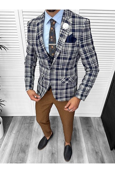 dehaine Sacou pentru barbati, slim fit, in carouri, 13197, albastru