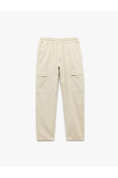 Koton Linen Cotton Blend Cargo Summer Trousers with Lace-Up Waist and Pocket Detail