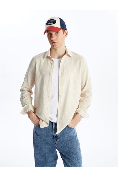 LC Waikiki Ανδρικό πουκάμισο XSIDE Μπεζ Regular Fit με μακρυμάνικο λινό μείγμα