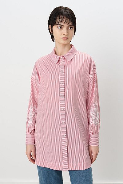 Nihan Sleeve Embroidered Striped Poplin Tunic Red