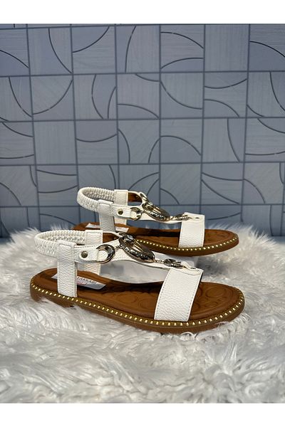 Anıl Ayakkabı Castle 35307 White Post Buckle Detail Style Orthopedic Sandals Shoes with Elastic Back