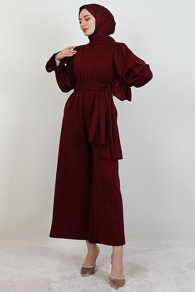 GİYZAMİLA Thick Belted Jumpsuit Burgundy