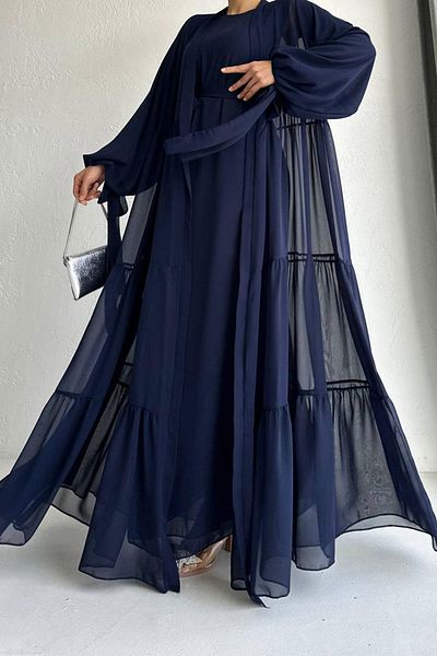 MELEK ARAZ Комплект Hena Premium Chiffon Abaya – тъмносин