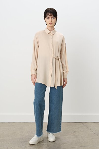 Nihan Pile ve Kemer Detaylı Tencel Tunik Bej