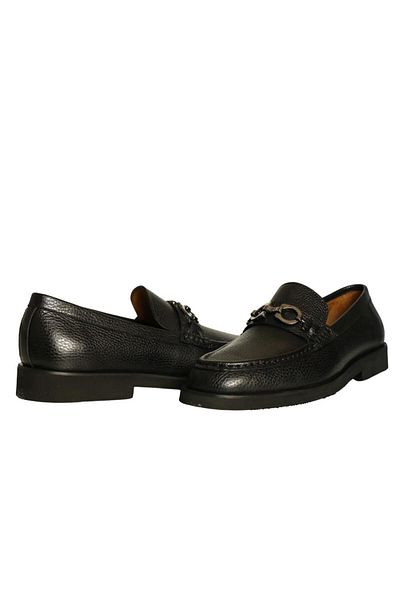 Platin Black Leather Men's Buckle Loafer