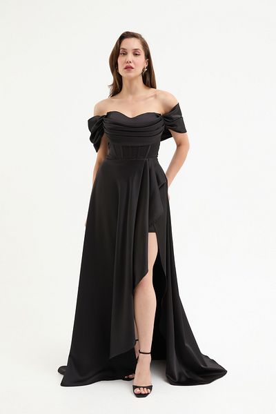 Lafaba Women's Black Boat Neck Flounced Long Satin Evening Dress