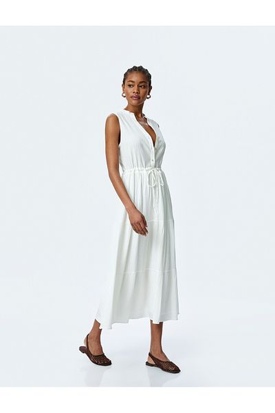 Koton ecru Mandarin Collar Sleeveless Dress