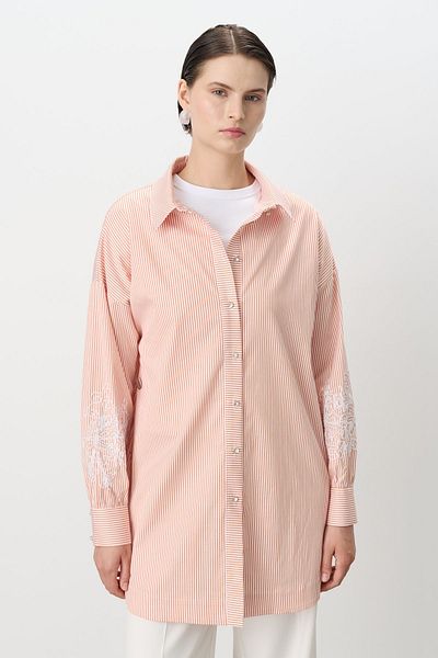Nihan Sleeve Embroidered Striped Poplin Tunic Orange