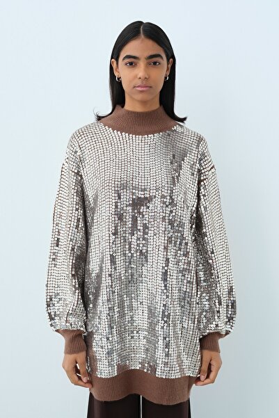 Nihan Önü Payetli Triko Tunik Kahve