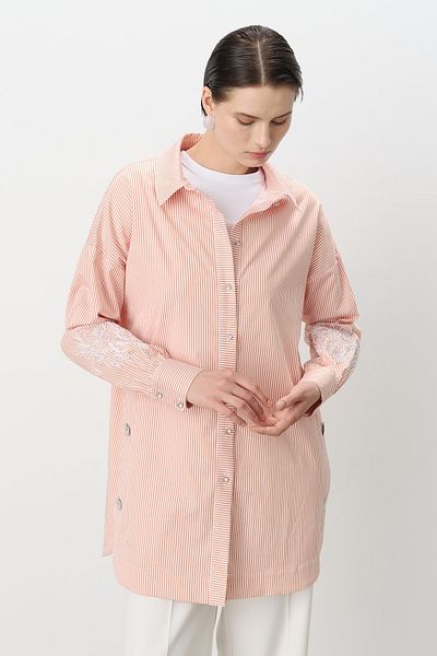 Nihan Sleeve Embroidered Striped Poplin Tunic Orange