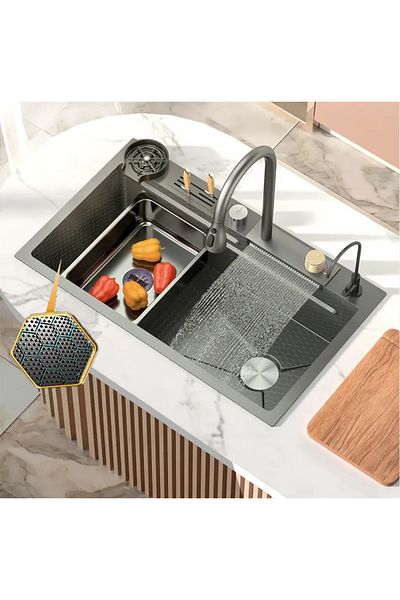 QuTek Multifunctional waterfall sink, extendable faucet, chopper, bowl, glass washer, 750x450mm