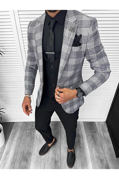 dehaine Men's slim fit checked jacket, 3094, grey
