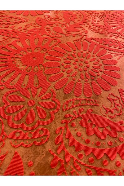 METERİAL Red Floral Patterned Burnt Fabric – 140 cm Width |   Modern Design over Transparent Tulle