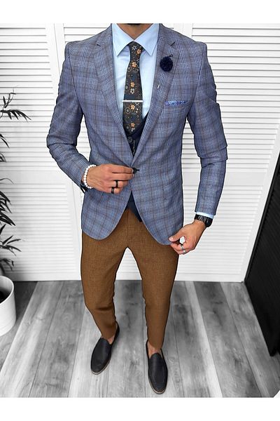 dehaine Sacou pentru barbati, slim fit, in carouri, 678, albastru
