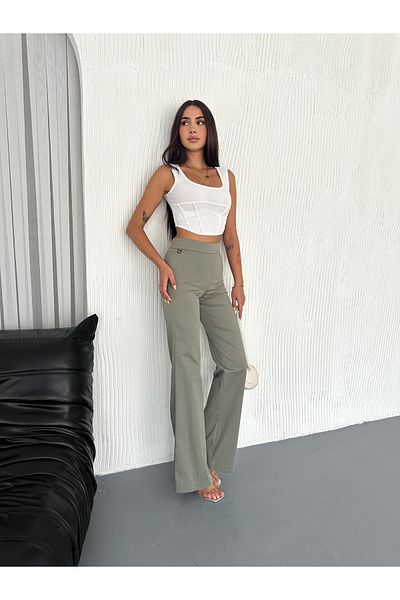 diaves Women's Khaki Green Side Zipper High Waist Woven Fabric Palazzo Pants