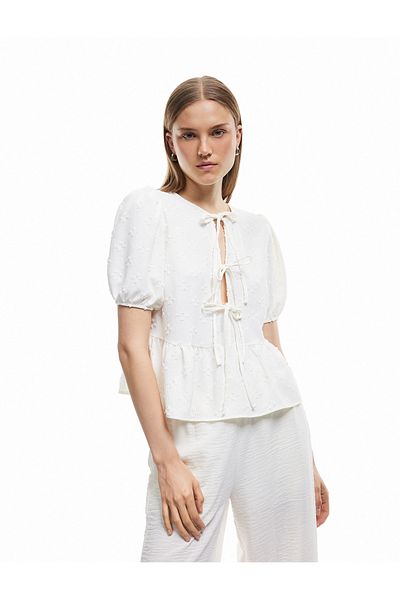 Koton Textured Short Balloon Sleeve Bow Front Lace up Blouse